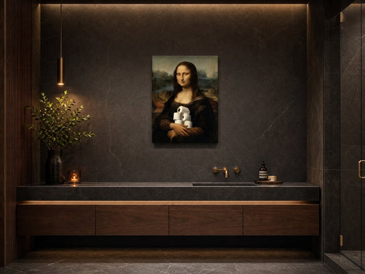 Mona Lisa z papierem toaletowym – śmieszny obraz do łazienki mockup 3