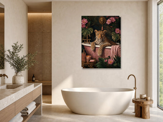 Obraz do łazienki lampart w różowej wannie mockup 1