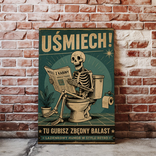 Plakat do łazienki Retro Szkielet na Toalecie „Uśmiech!” mockup 5