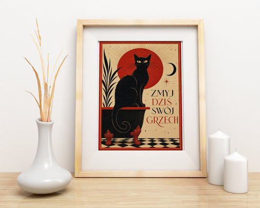 Śmieszny plakat do łazienki z czarnym kotem glowne