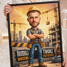 Personalizowana karykatura ze zdjęcia dla budowniczego – obraz z napisem
