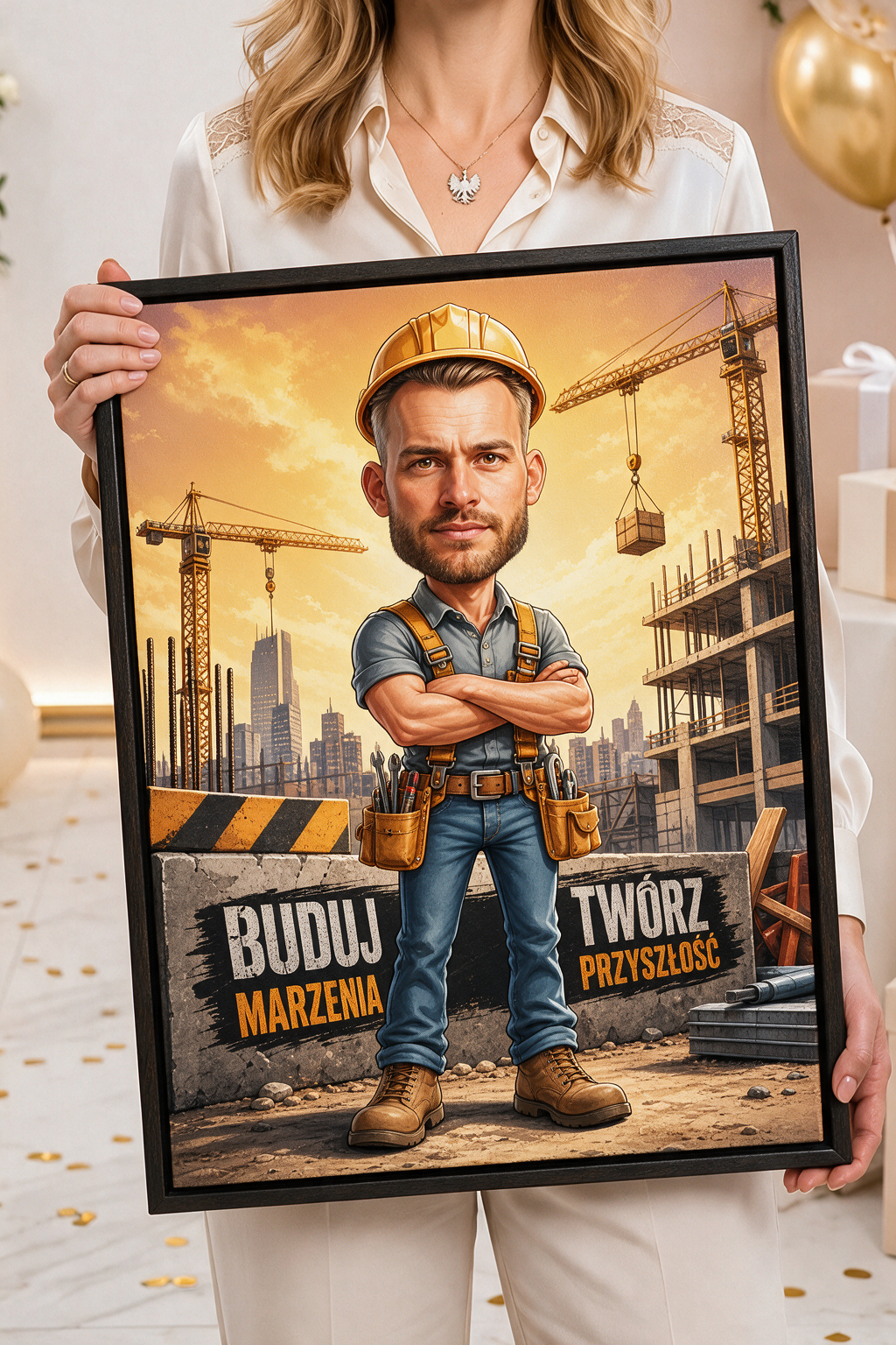 Personalizowana karykatura ze zdjęcia dla budowniczego – obraz z napisem