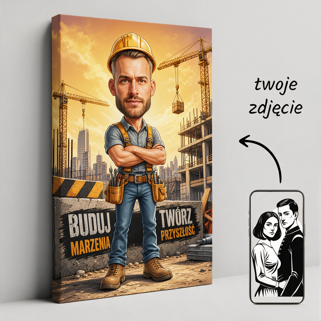 Personalizowana karykatura ze zdjęcia dla budowniczego – obraz z napisem