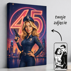 Personalizowana karykatura ze zdjęcia na płótnie dla policjantki z napisem i cyfrą