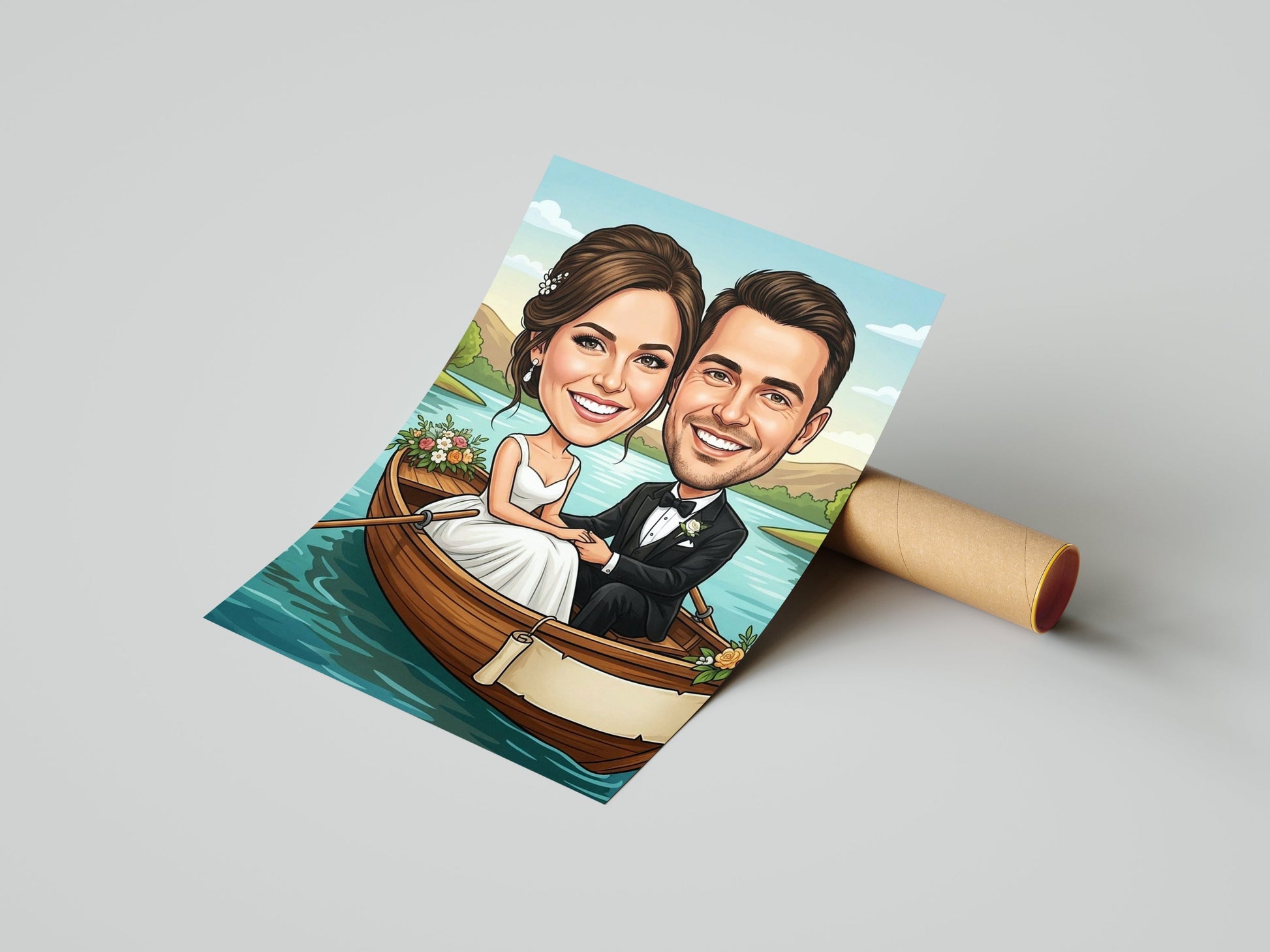 Personalizowana karykatura ślubna w łódce na prezent ślubny mockup 1