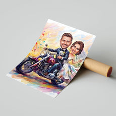 Karykatura ślubna na motocyklu personalizowany prezent na wesele mockup 1