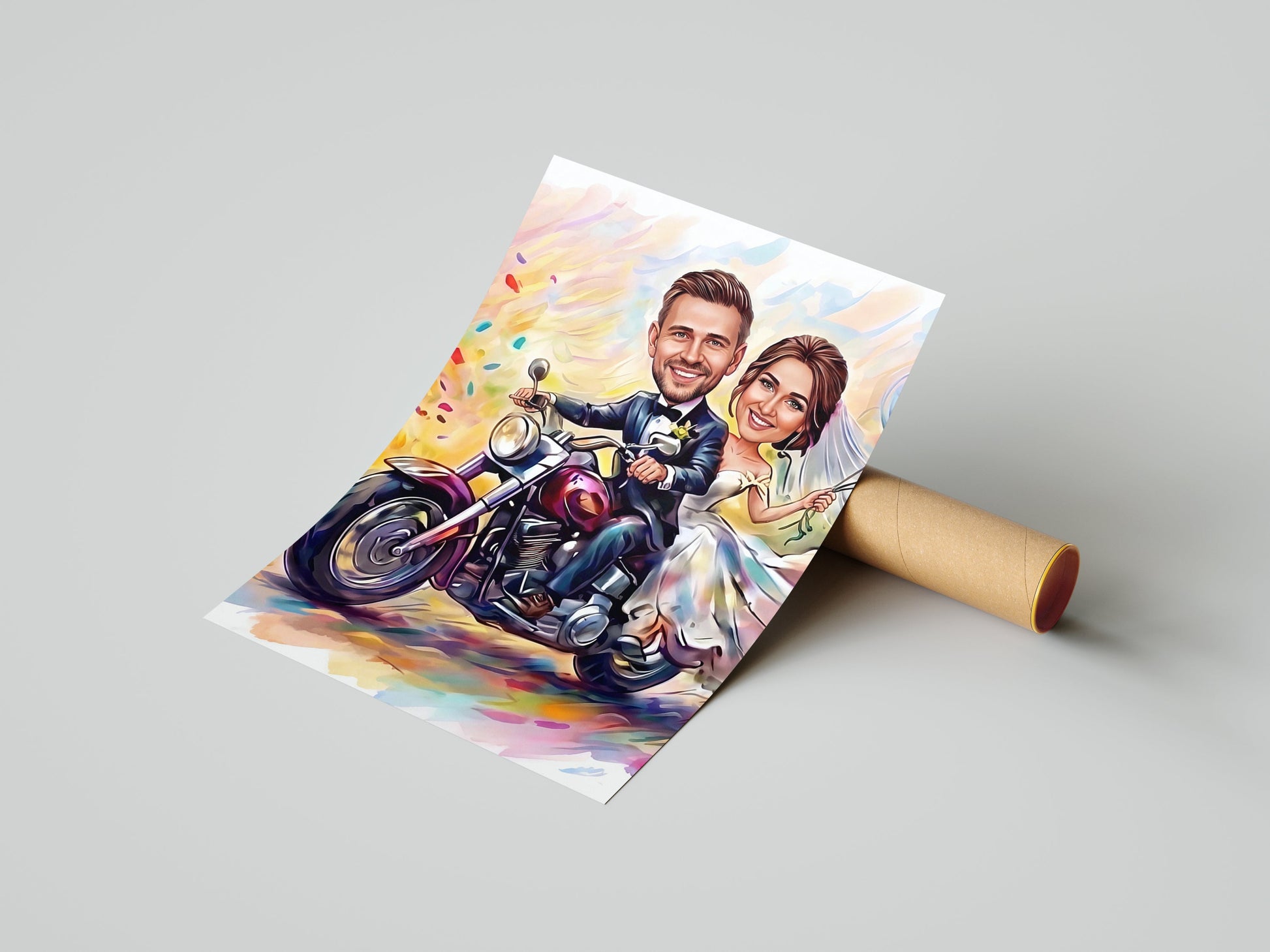 Karykatura ślubna na motocyklu personalizowany prezent na wesele mockup 1