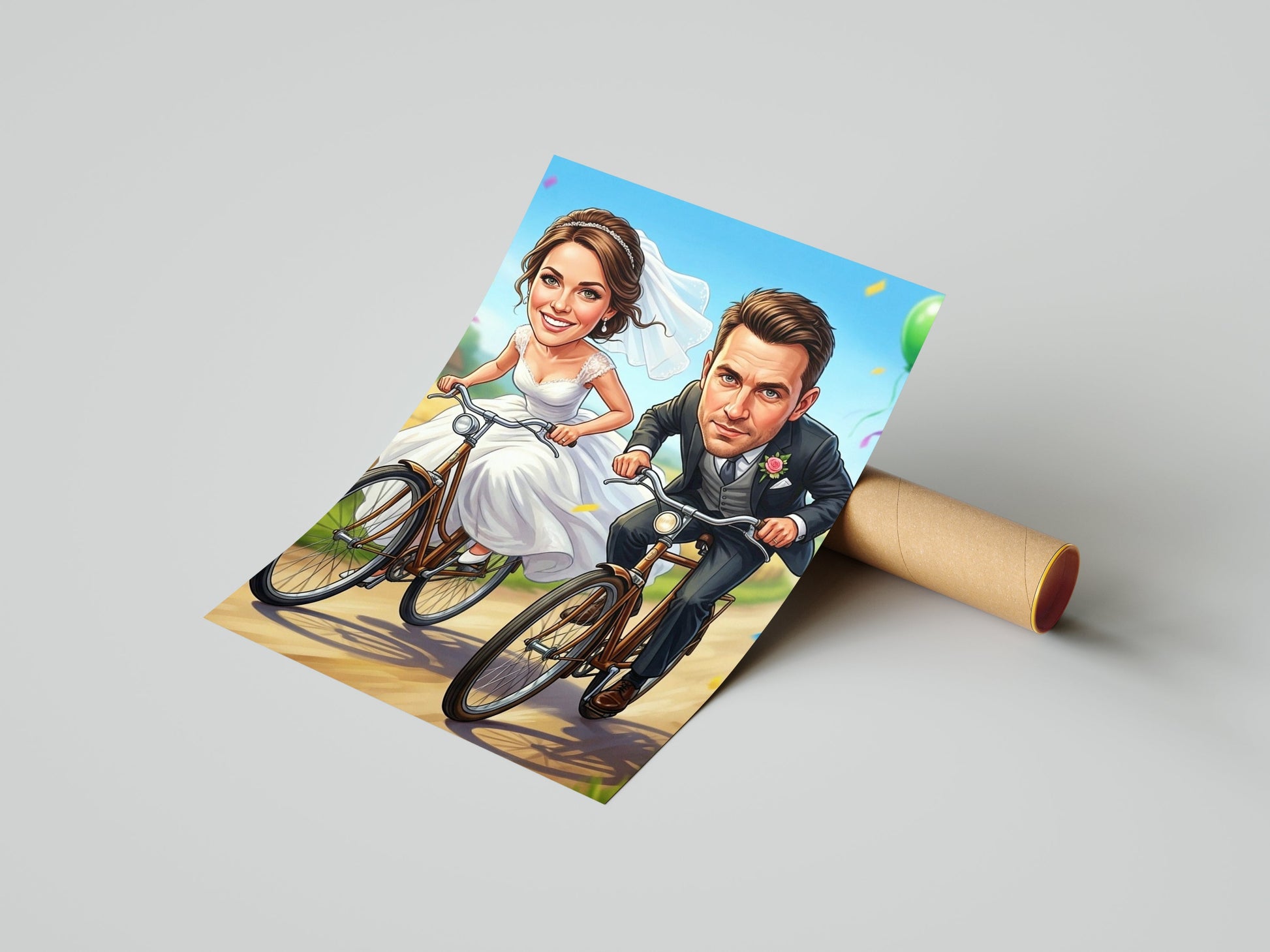 Karykatura ślubna na rowerach personalizowany prezent dla pary mockup 1