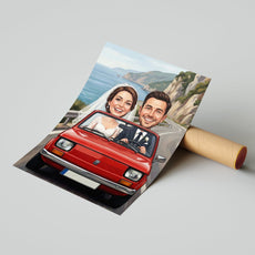 Karykatura ślubna w czerwonym samochodzie Personalizowany prezent mockup 1