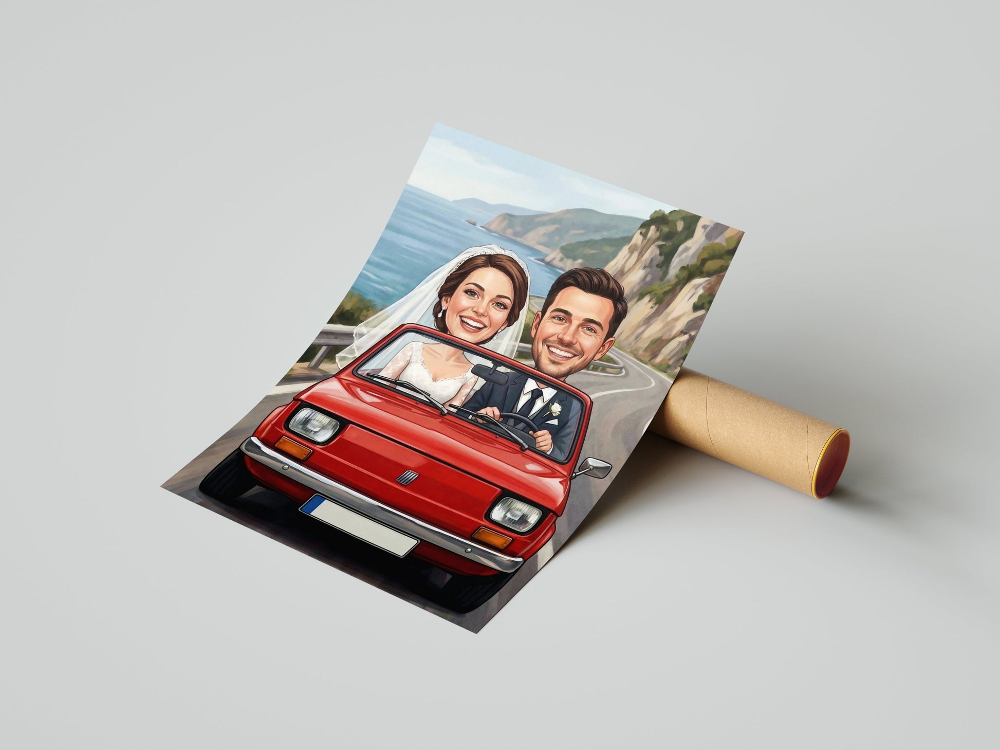 Karykatura ślubna w czerwonym samochodzie Personalizowany prezent mockup 1