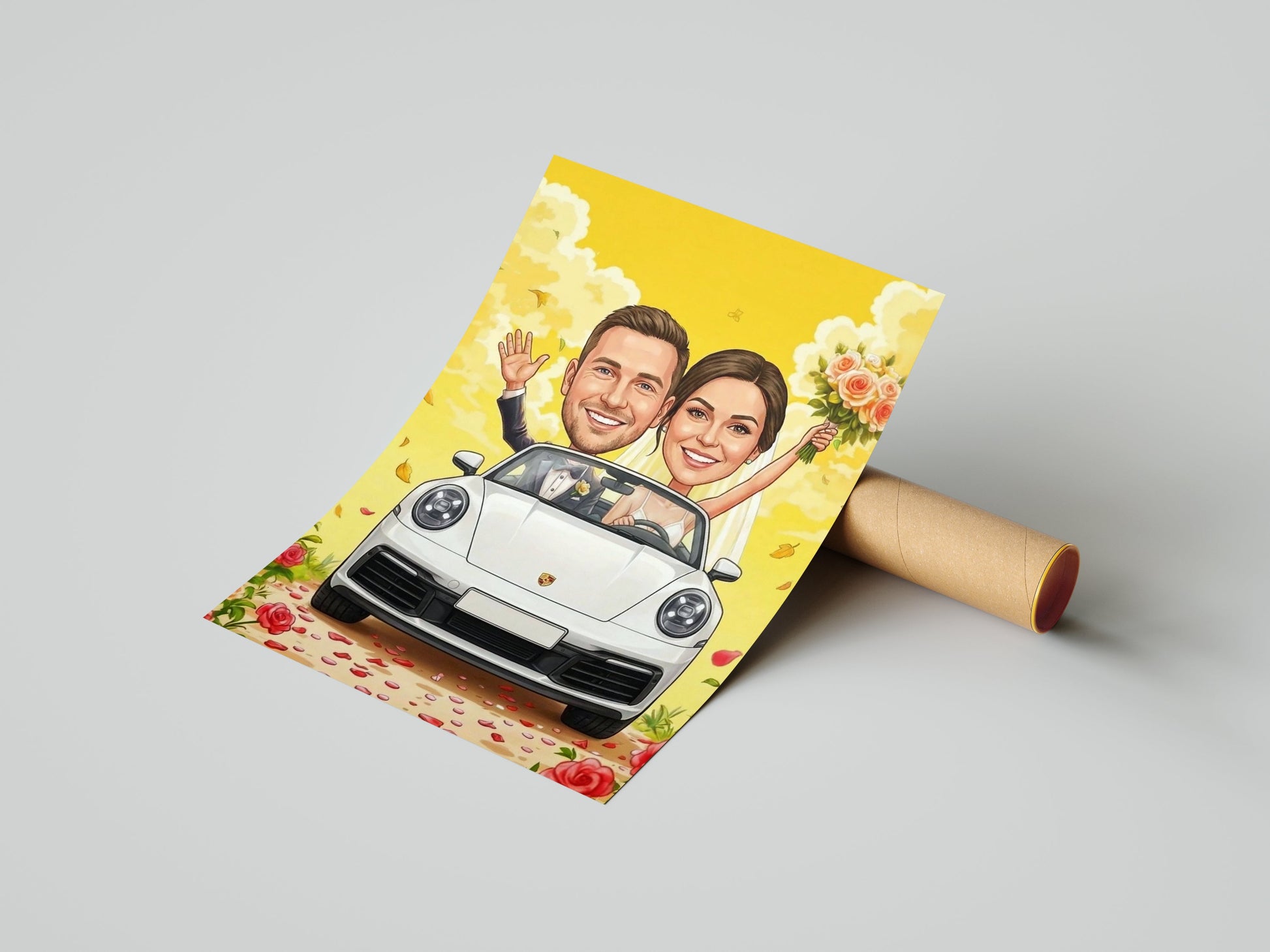 Karykatura ślubna w samochodzie sportowym prezent dla Pary Młodej mockup 1