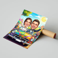 Kolorowa karykatura ślubna w samochodzie z personalizacją mockup 1