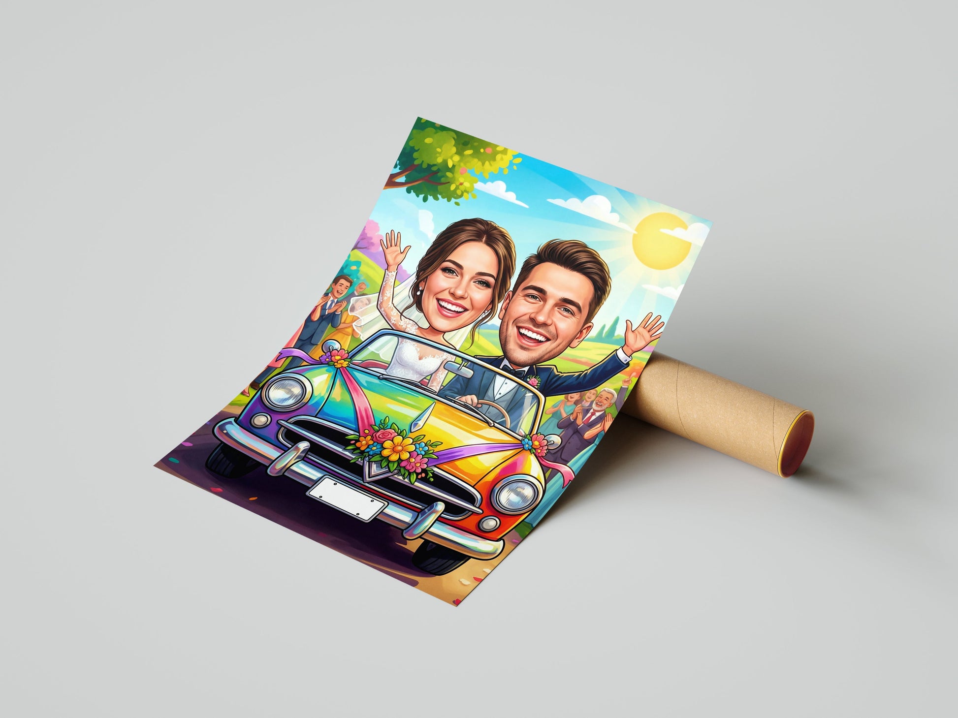 Kolorowa karykatura ślubna w samochodzie z personalizacją mockup 1