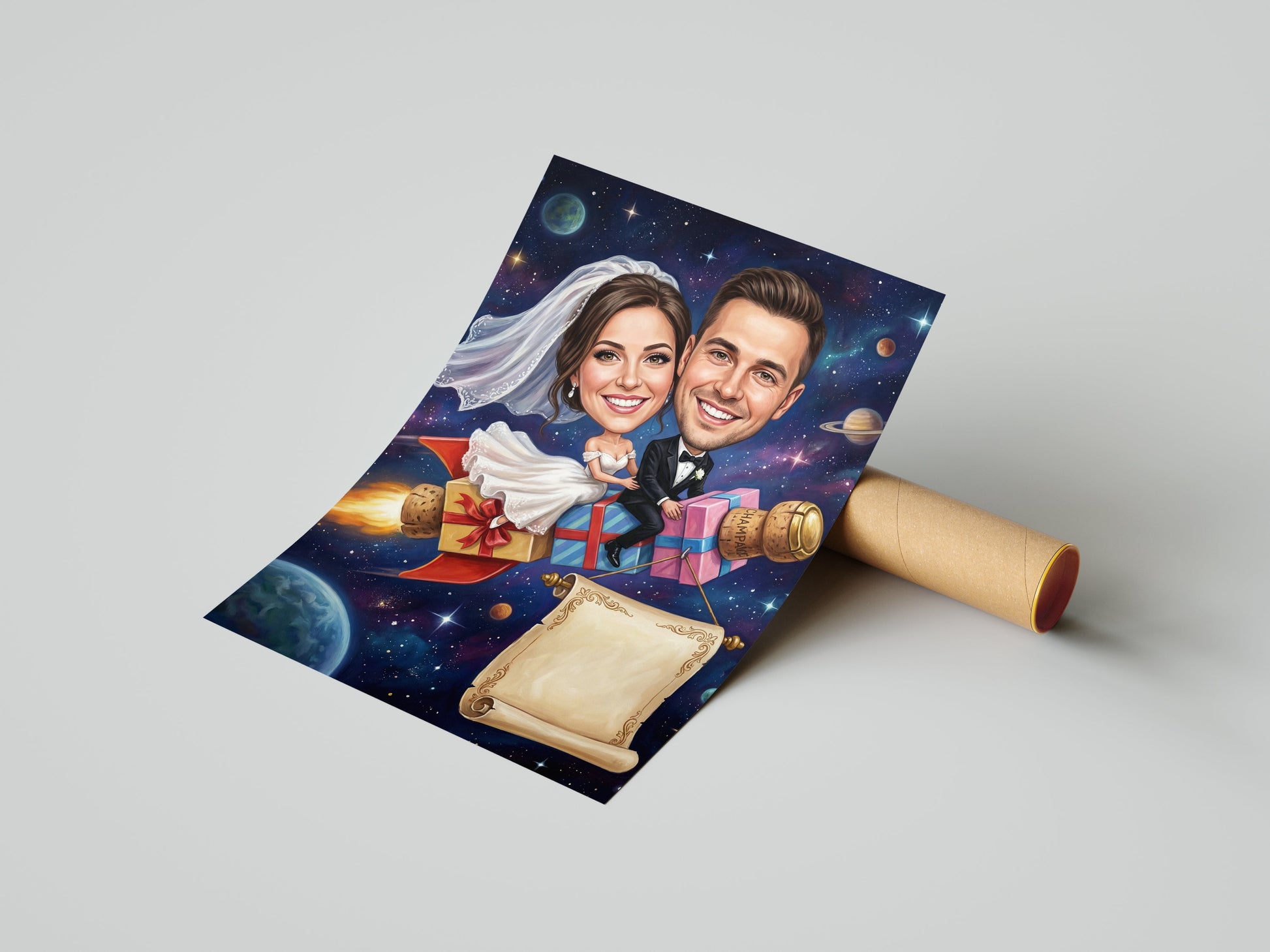Karykatura ślubna w kosmosie personalizowany prezent na wesele mockup 1