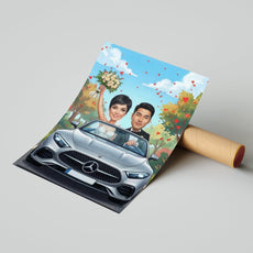 Personalizowana karykatura ślubna w samochodzie dla Pary Młodej mockup 2