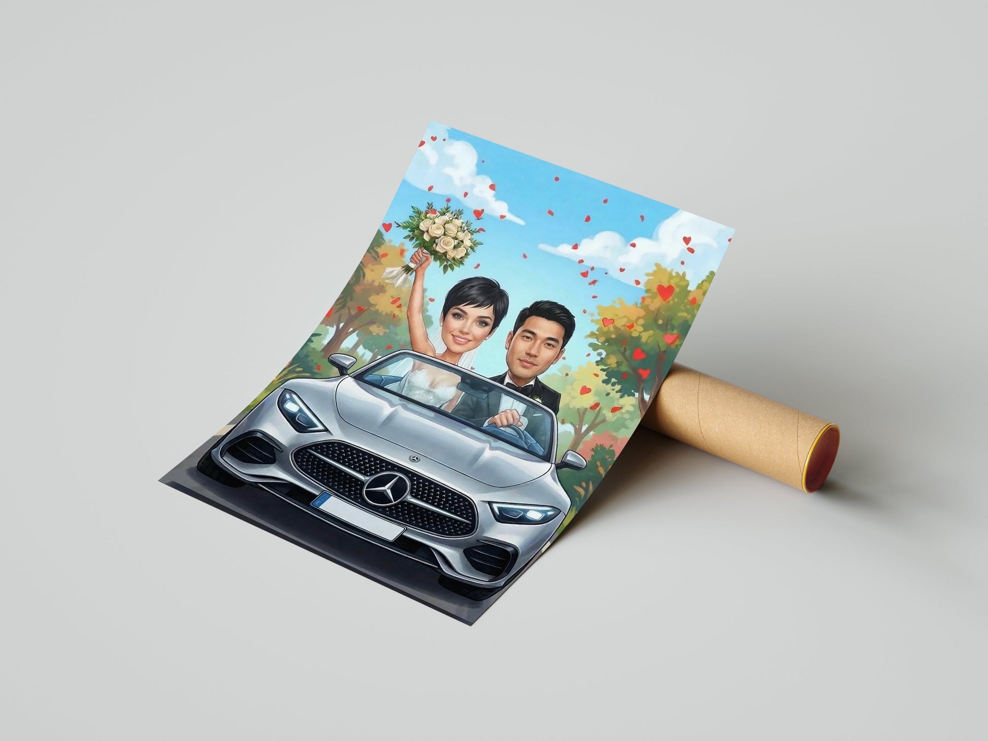 Personalizowana karykatura ślubna w samochodzie dla Pary Młodej mockup 2
