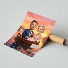 Romantyczna karykatura ślubna w łódce z personalizacją mockup 1