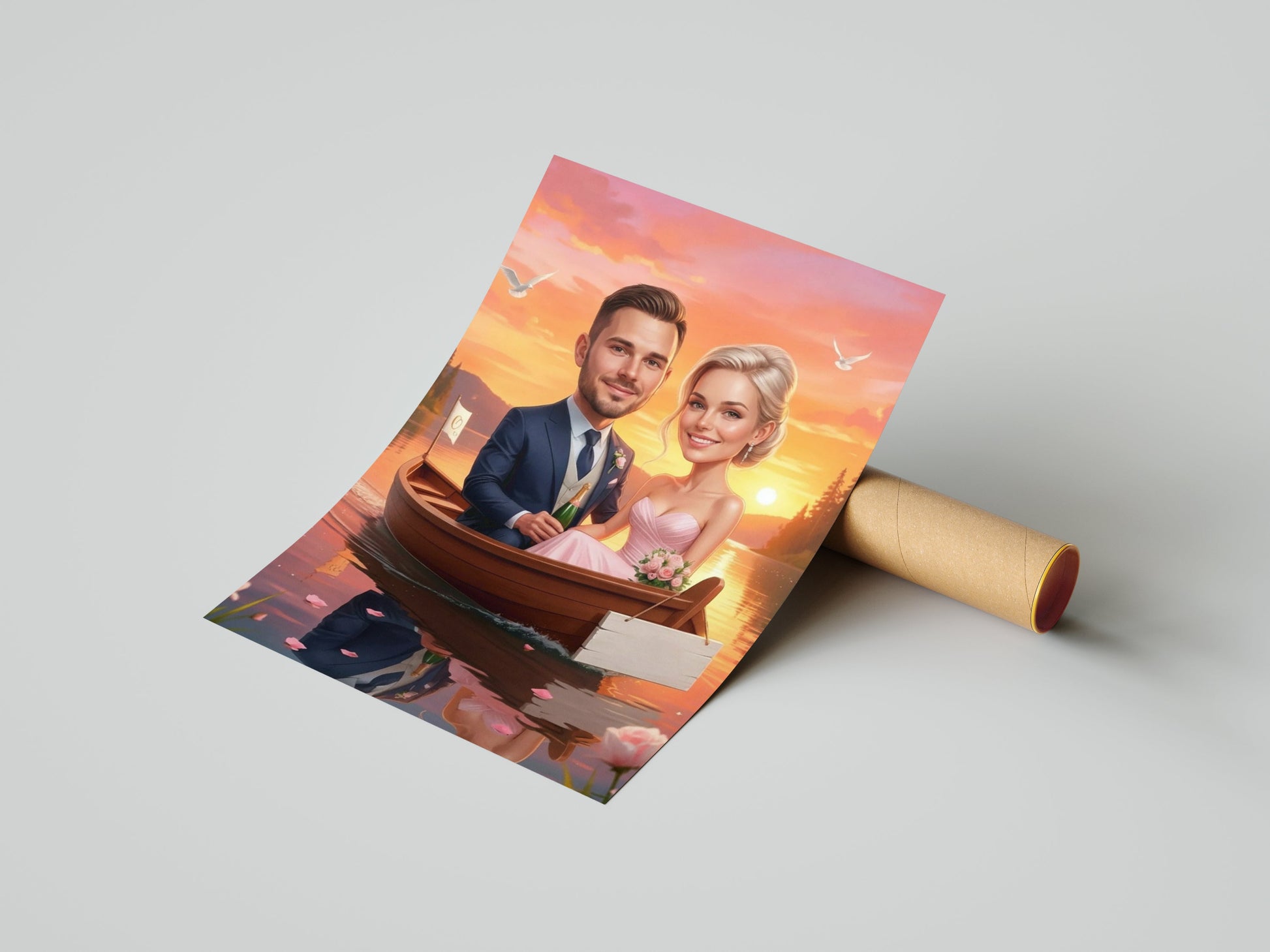 Romantyczna karykatura ślubna w łódce z personalizacją mockup 1