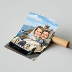 Romantyczna karykatura ślubna w klasycznym aucie z personalizacją mockup 1