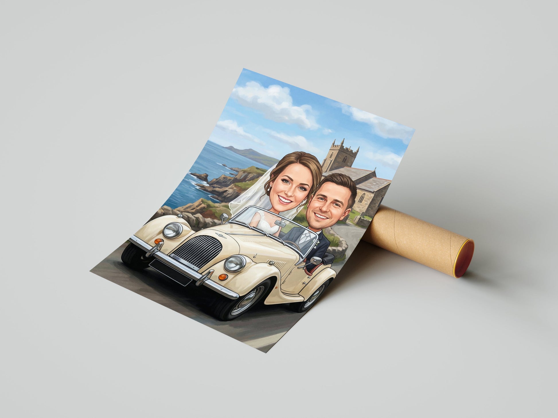 Romantyczna karykatura ślubna w klasycznym aucie z personalizacją mockup 1