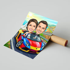 Kolorowa karykatura ślubna w samochodzie dla Pary Młodej mockup 1
