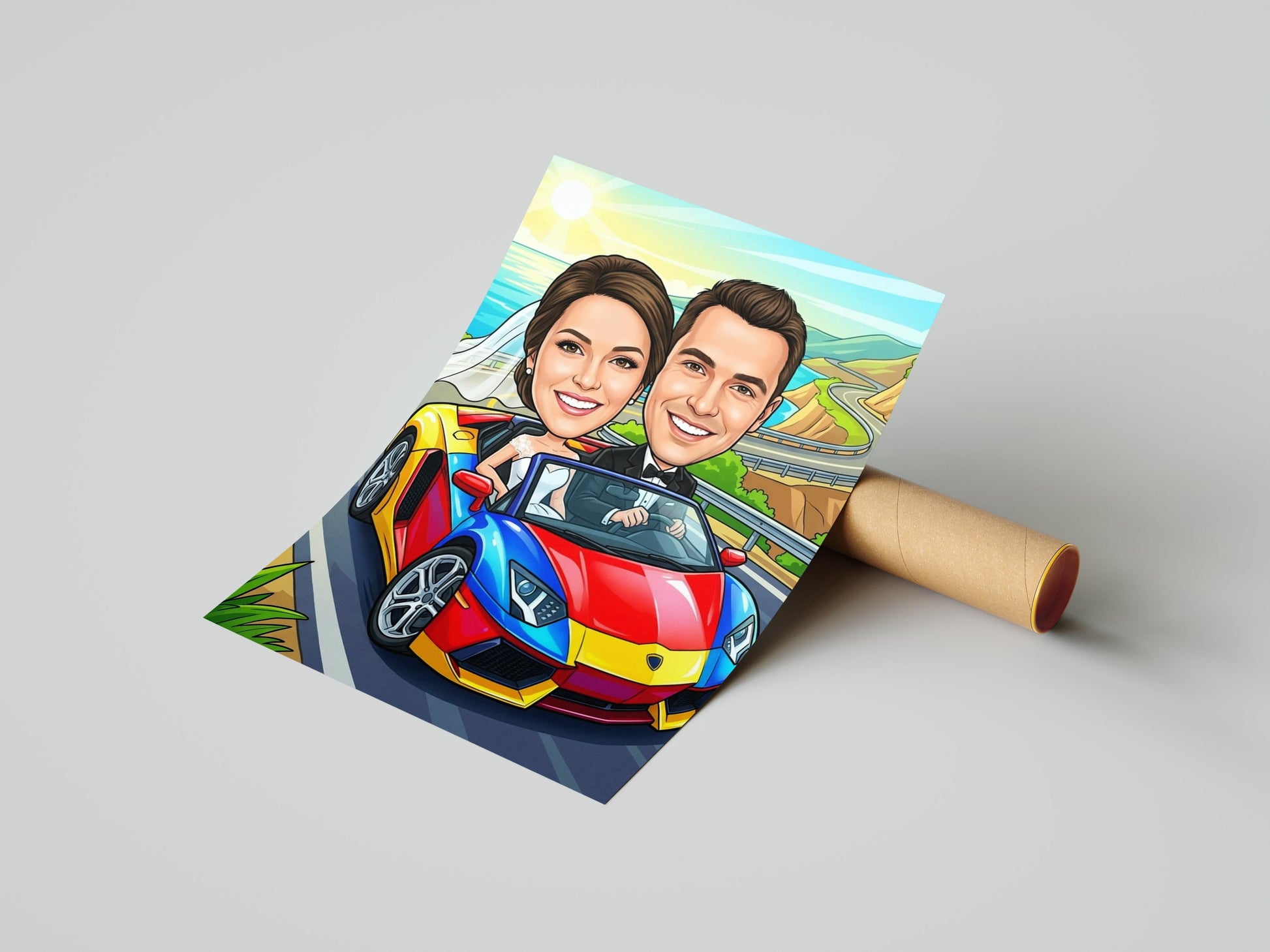 Kolorowa karykatura ślubna w samochodzie dla Pary Młodej mockup 1