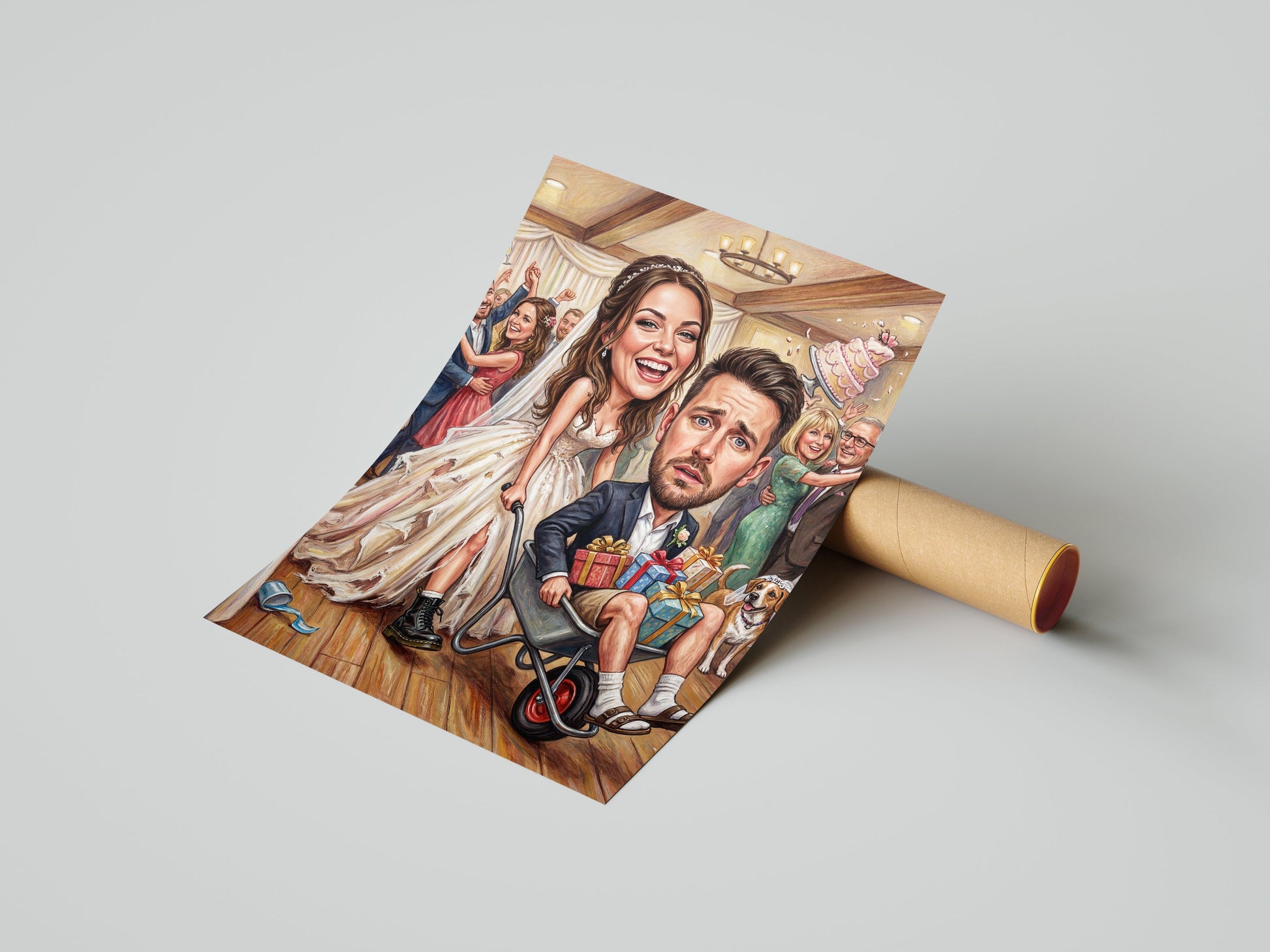 Karykatura ślubna z taczką personalizowany prezent dla pary młodej mockup 1