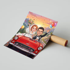 Romantyczna karykatura ślubna w samochodzie z personalizacją mockup 3