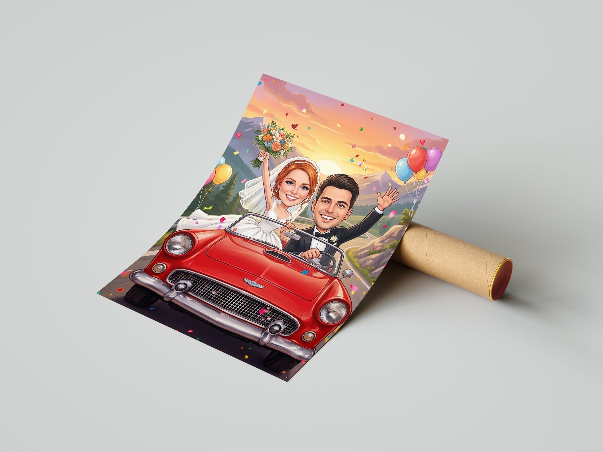 Romantyczna karykatura ślubna w samochodzie z personalizacją mockup 3