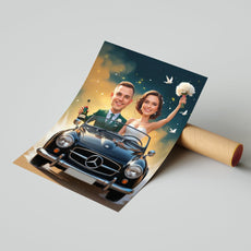 Karykatura ślubna w klasycznym samochodzie Personalizowany prezent mockup 3