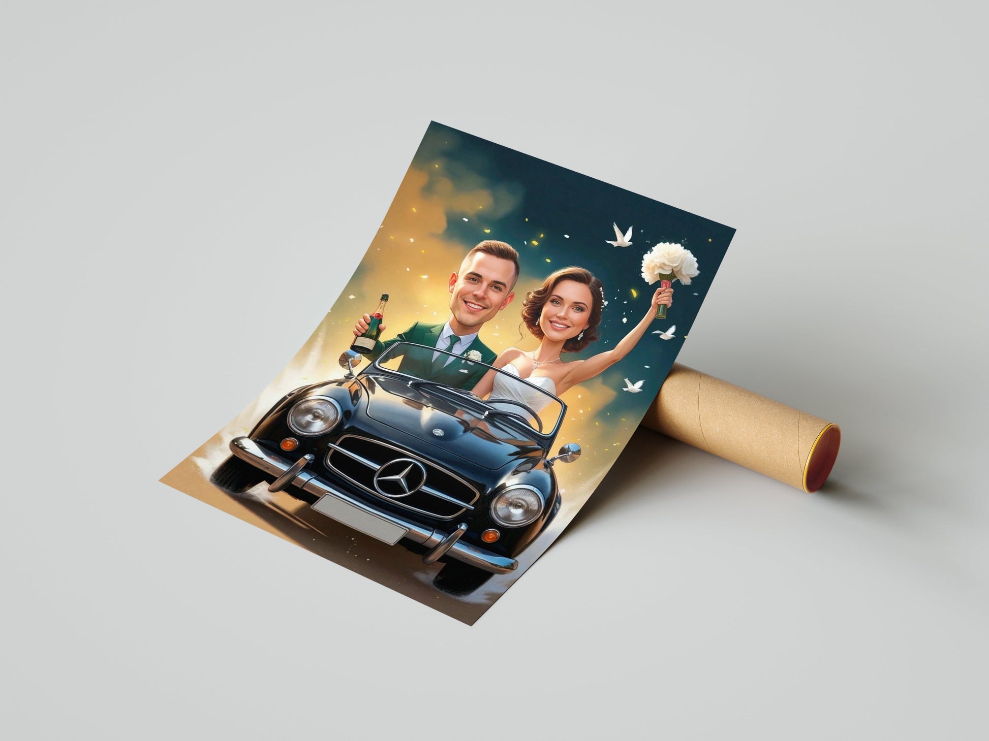 Karykatura ślubna w klasycznym samochodzie Personalizowany prezent mockup 3