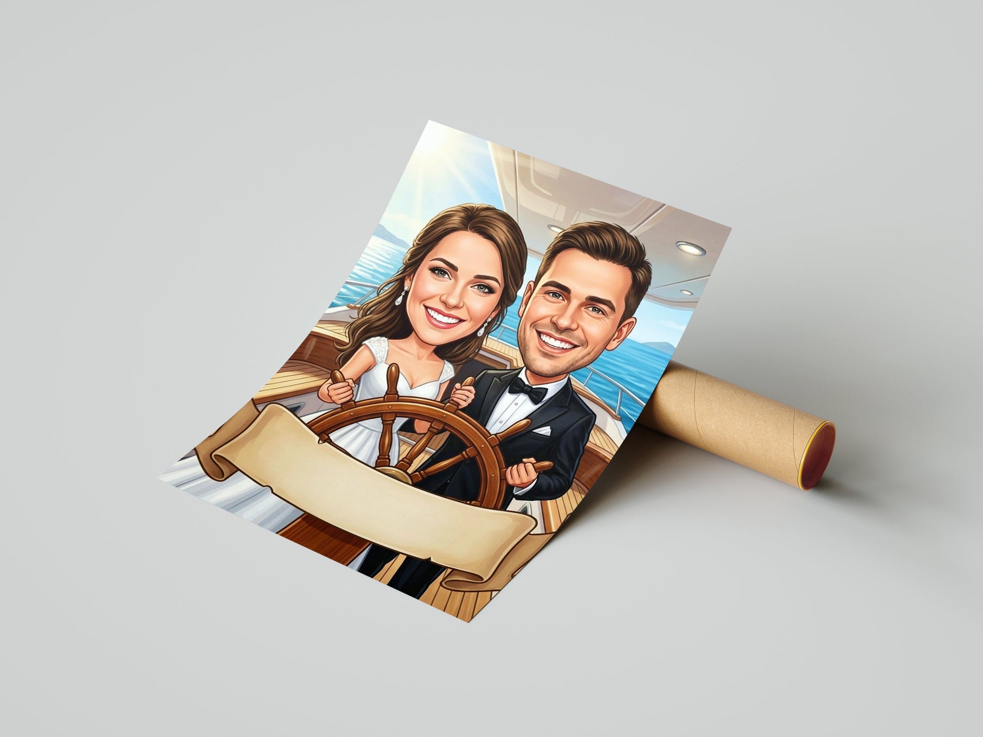 Karykatura ślubna na statku personalizowany prezent na wesele mockup 1
