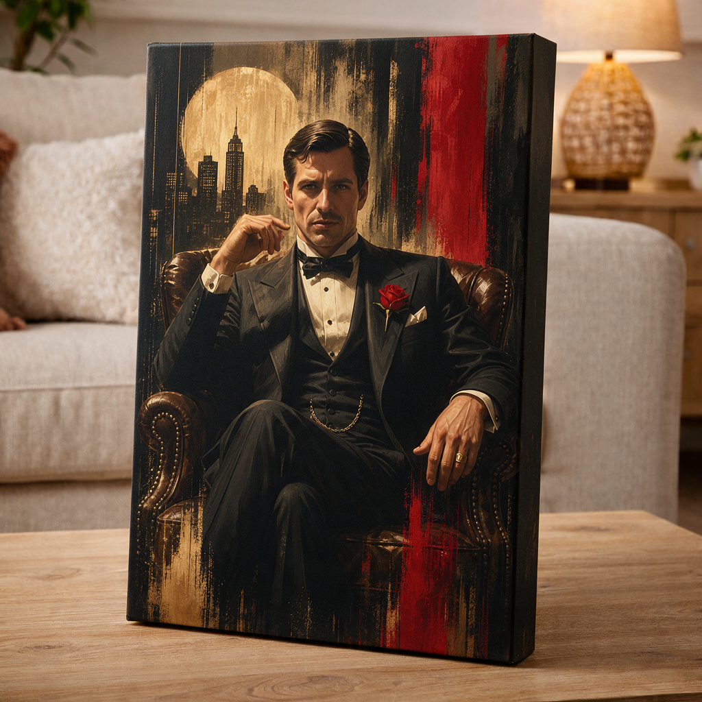 Personalizowana karykatura na płótnie z eleganckim mężczyzną w garniturze