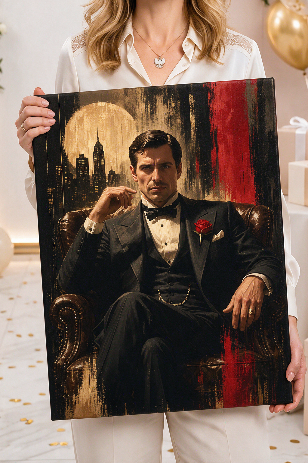 Personalizowana karykatura na płótnie z eleganckim mężczyzną w garniturze