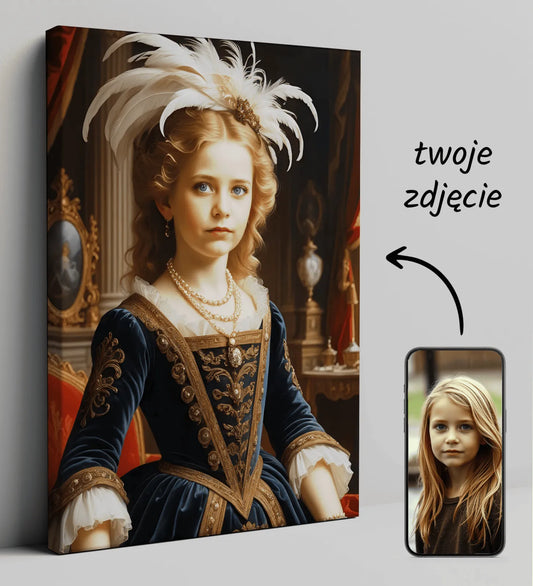 Portret na płótnie młodej dziewczynki w królewskim stroju Barokowa Arystokratka
