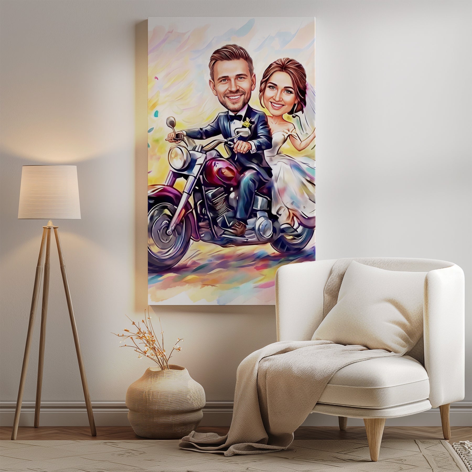 Karykatura ślubna na motocyklu personalizowany prezent na wesele mockup 2