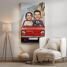 Karykatura ślubna w czerwonym samochodzie Personalizowany prezent mockup 2