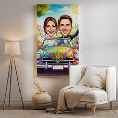 Kolorowa karykatura ślubna w samochodzie z personalizacją mockup 2