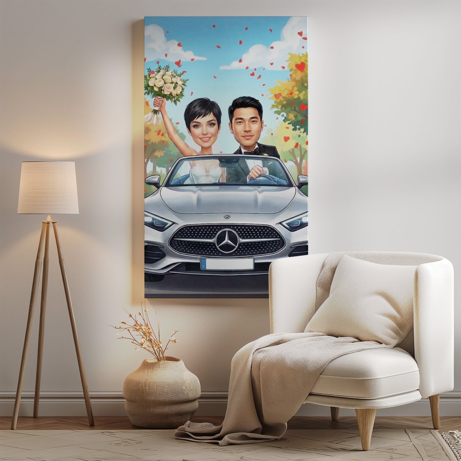 Personalizowana karykatura ślubna w samochodzie dla Pary Młodej mockup 1