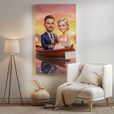 Romantyczna karykatura ślubna w łódce z personalizacją mockup 2