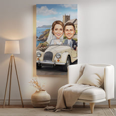 Romantyczna karykatura ślubna w klasycznym aucie z personalizacją mockup 2