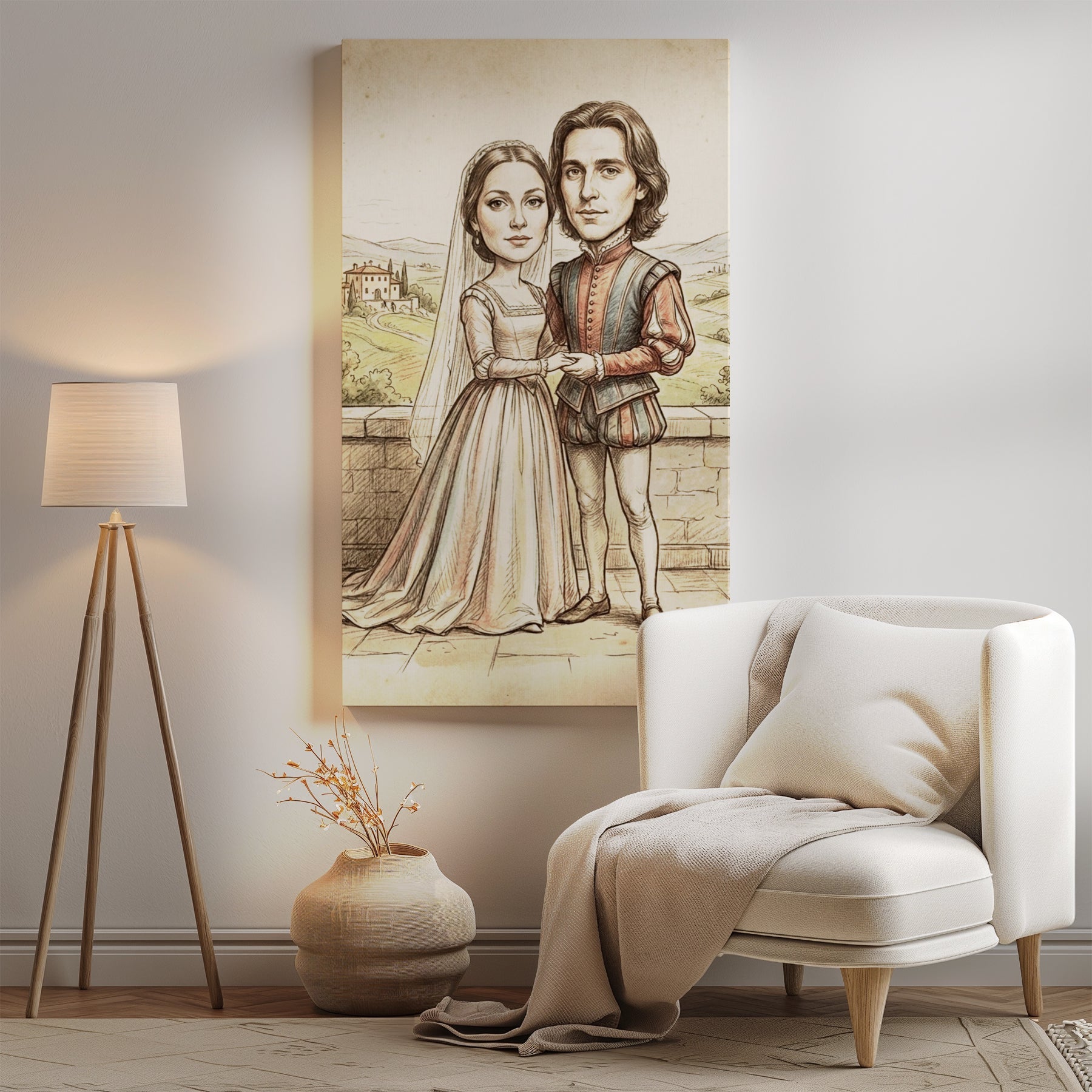Renesansowa karykatura ślubna z personalizacją imion i daty mockup 2