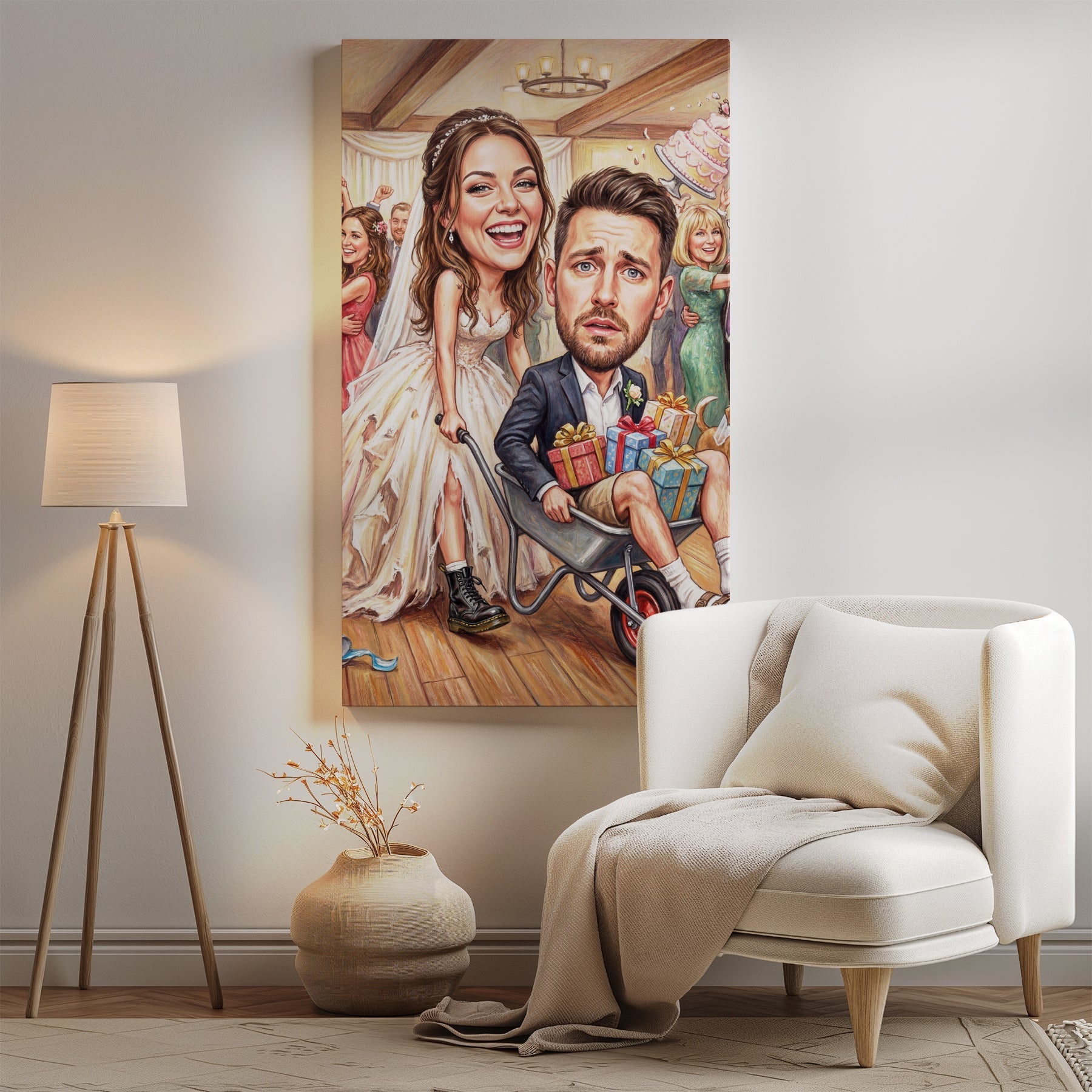 Karykatura ślubna z taczką personalizowany prezent dla pary młodej mockup 2