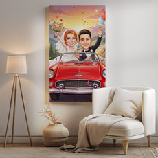 Romantyczna karykatura ślubna w samochodzie z personalizacją mockup 2