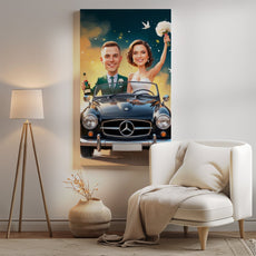 Karykatura ślubna w klasycznym samochodzie Personalizowany prezent mockup 1