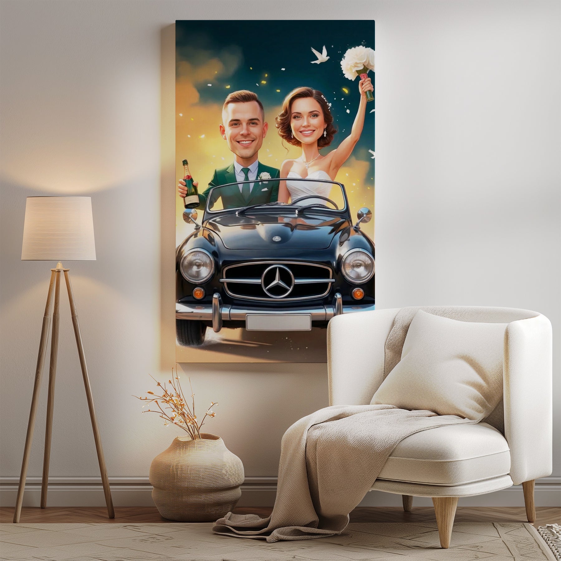 Karykatura ślubna w klasycznym samochodzie Personalizowany prezent mockup 1