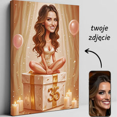 Personalizowany portret karykatura na płótnie na 35 urodziny Elegancka Karykatura Kobiety