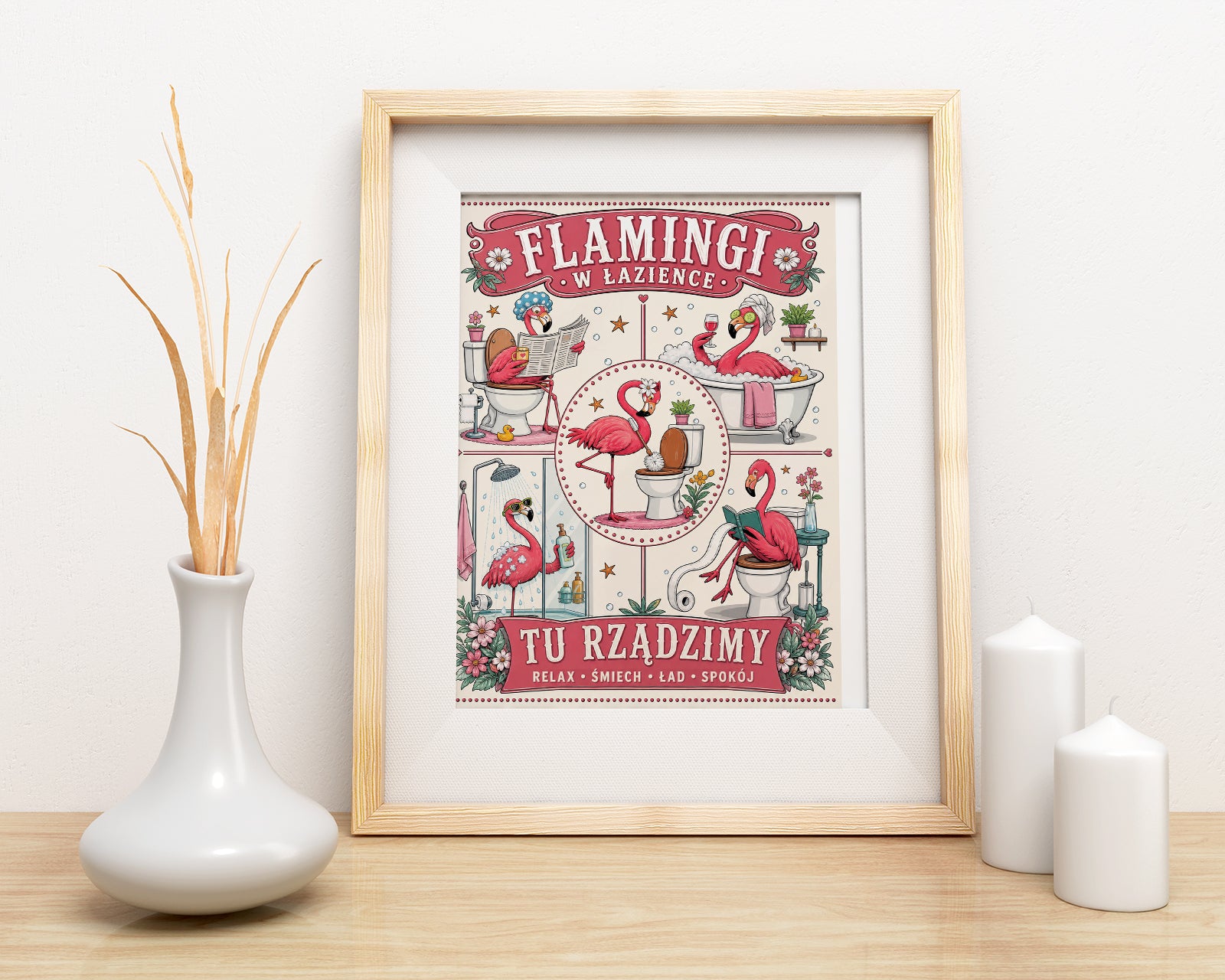 Flamingi w łazience – śmieszny plakat do łazienki mockup 2