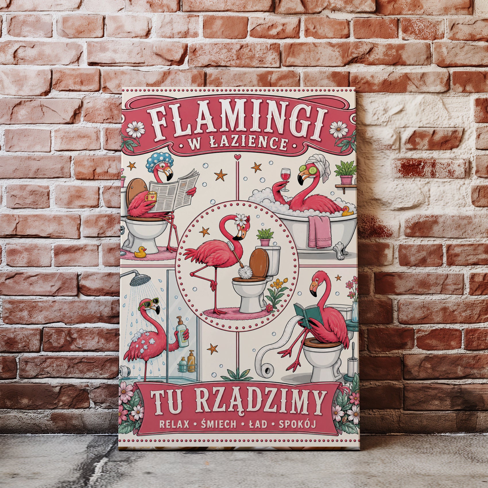 Flamingi w łazience – śmieszny plakat do łazienki glowne