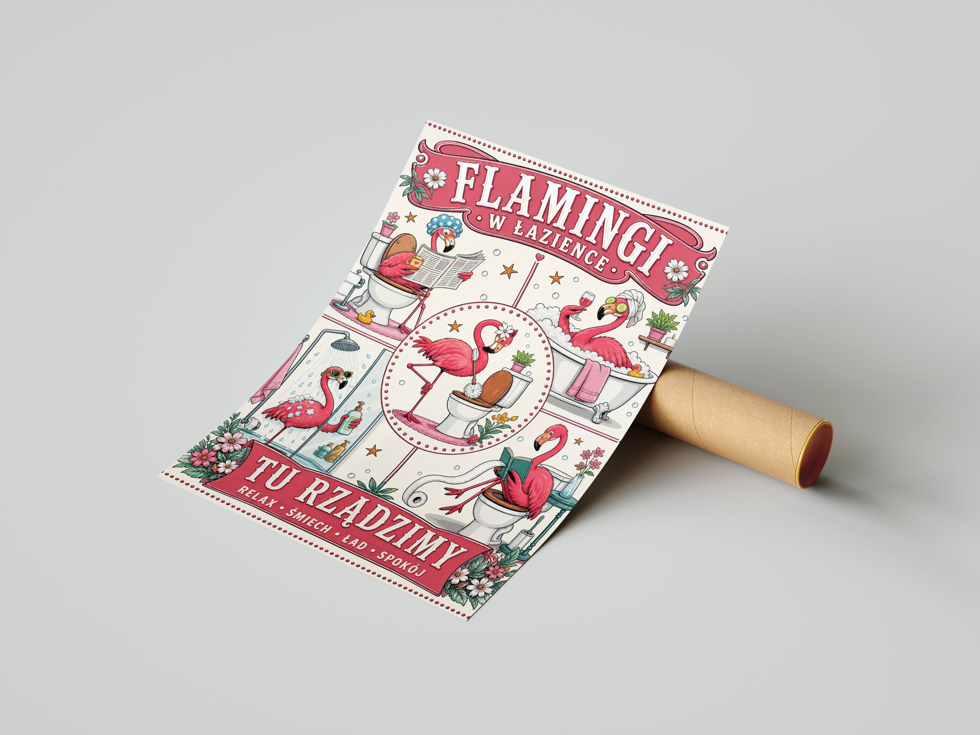 Flamingi w łazience – śmieszny plakat do łazienki mockup 3